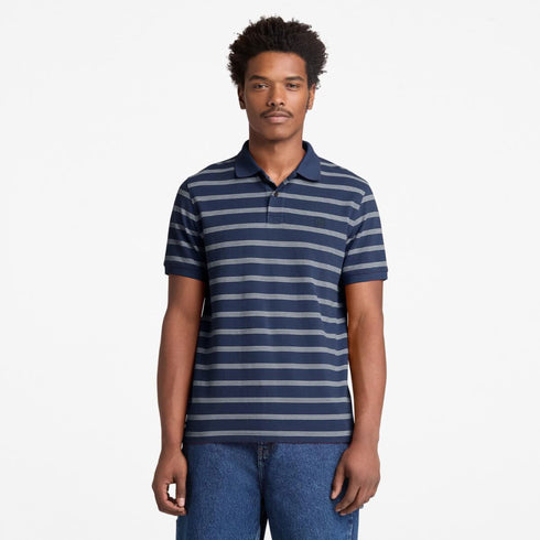 Timberland Mens Millers River 4 Rows Stripes Short Sleeve Polo in Blue