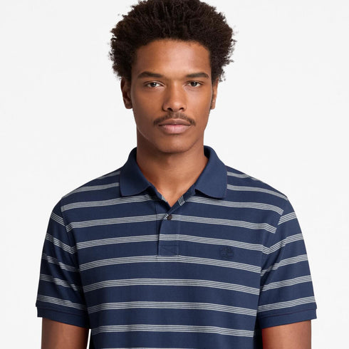 Timberland Mens Millers River 4 Rows Stripes Short Sleeve Polo in Blue