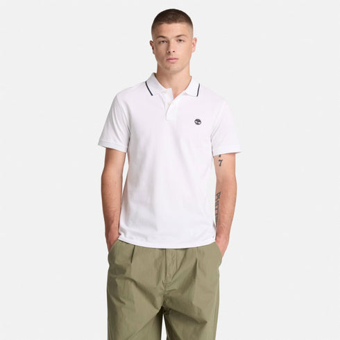 Timberland Mens Millers River Printed Neck Short Sleeve Polo in White
