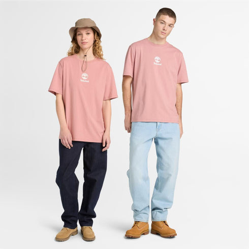 Timberland Mens Print Stack Logo Short Sleeve Tee in Pink